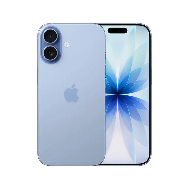 Apple iPhone 17 in Mist Blue shown from the front and back